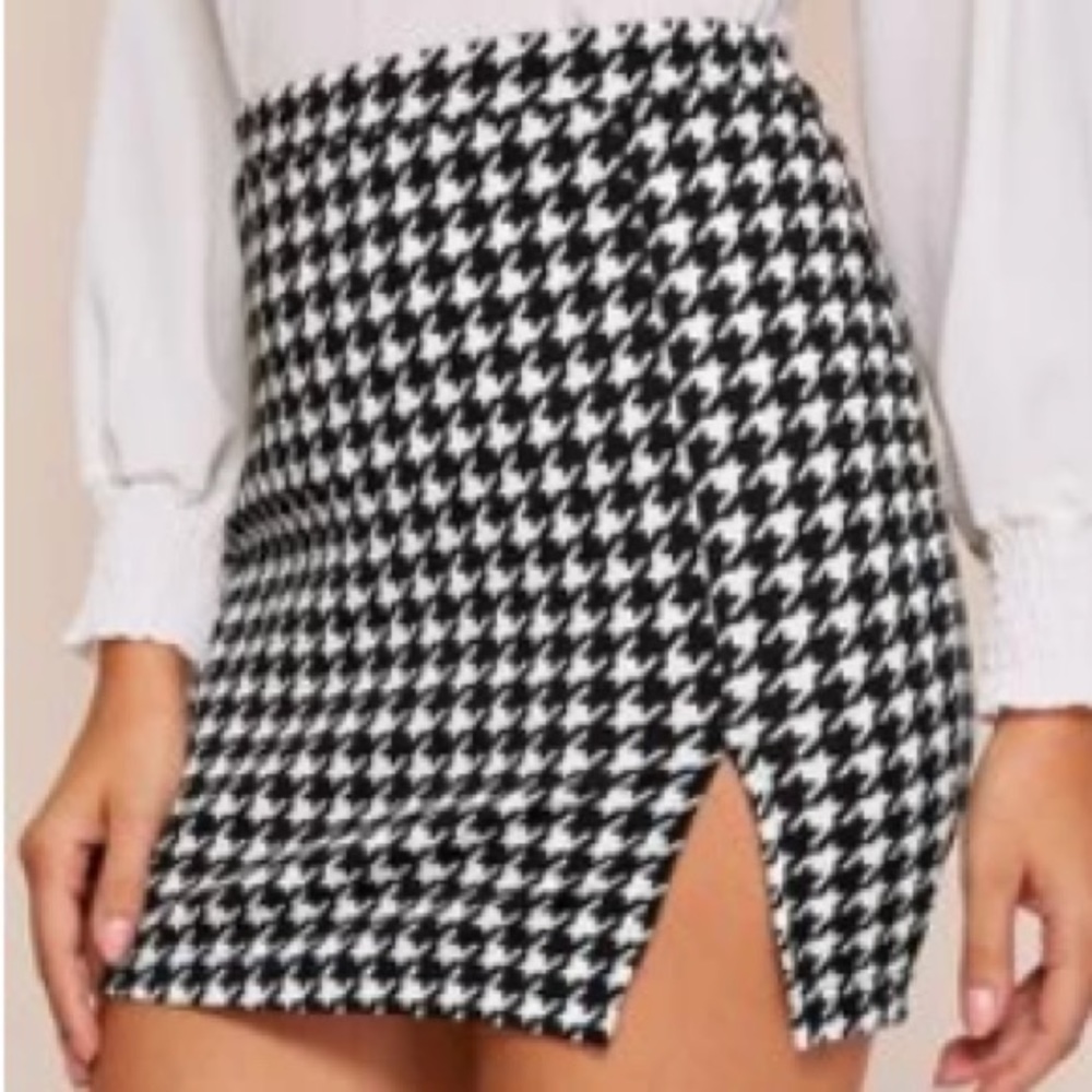 Houndstooth Print Split Hem Bodycon Skirt